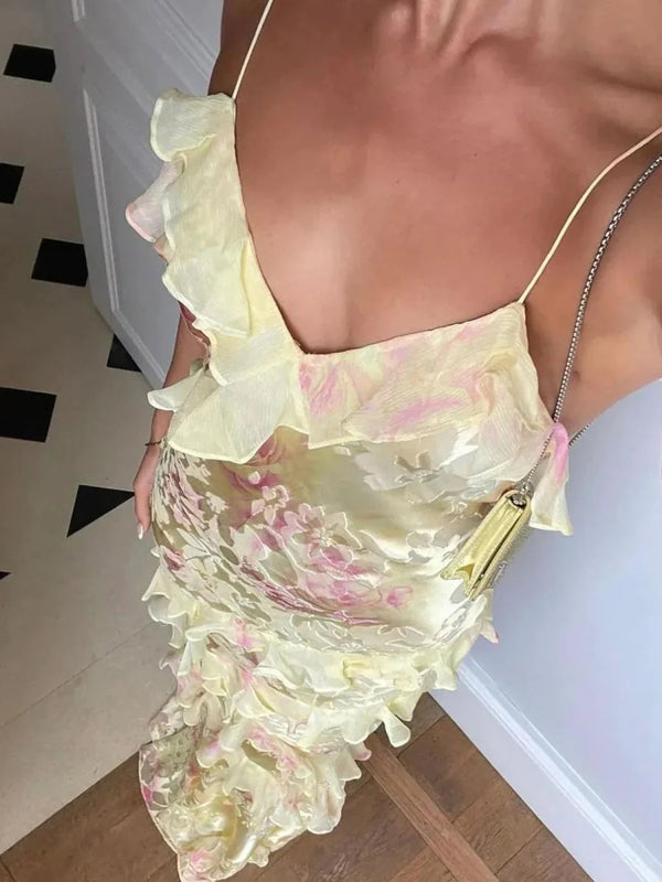 Sheath Spaghetti Straps Ruffles Sweep Train Prom Dress