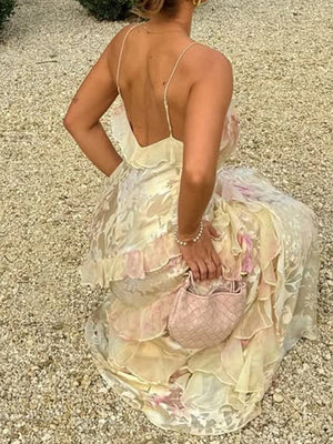 Sheath Spaghetti Straps Ruffles Sweep Train Prom Dress
