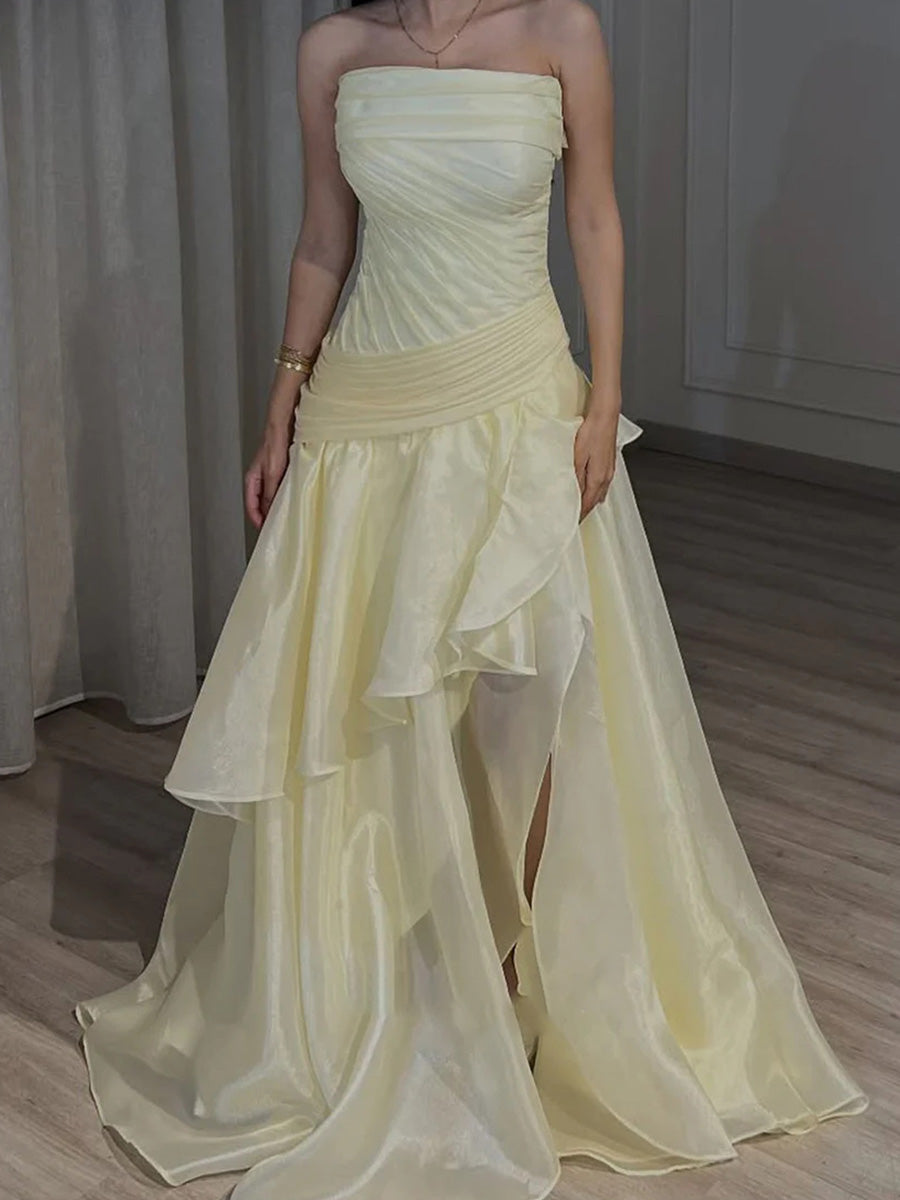 A-line Straight Pleated Sweep Train Organza Corset Prom Dress