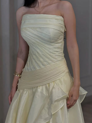 A-line Straight Pleated Sweep Train Organza Corset Prom Dress