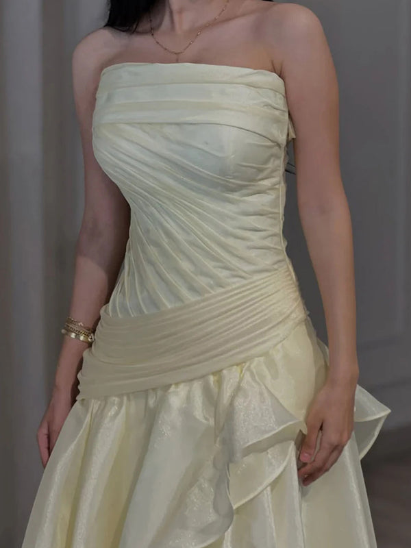 A-line Straight Pleated Sweep Train Organza Corset Prom Dress
