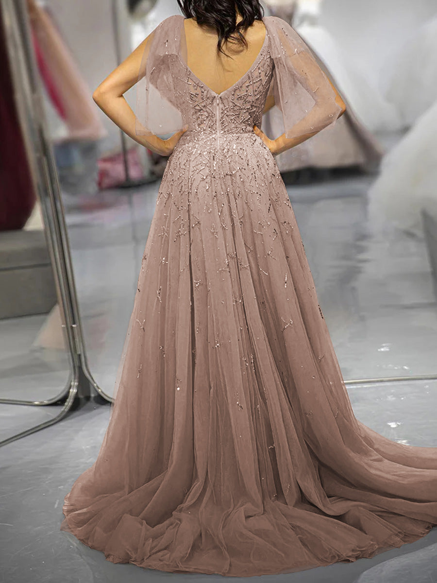 A-line V-neck Ruffles Sweep Train Tulle Prom Dress