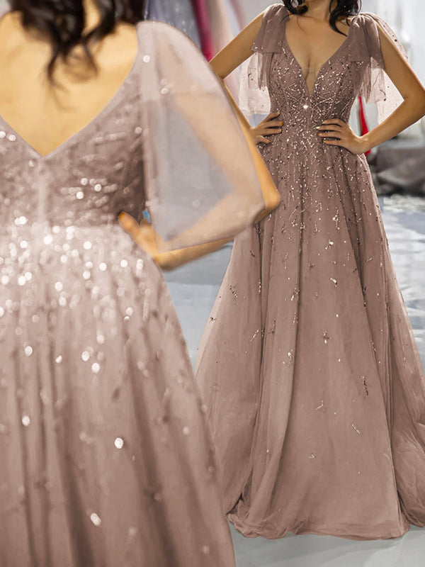 A-line V-neck Ruffles Sweep Train Tulle Prom Dress