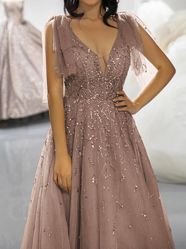 A-line V-neck Ruffles Sweep Train Tulle Prom Dress
