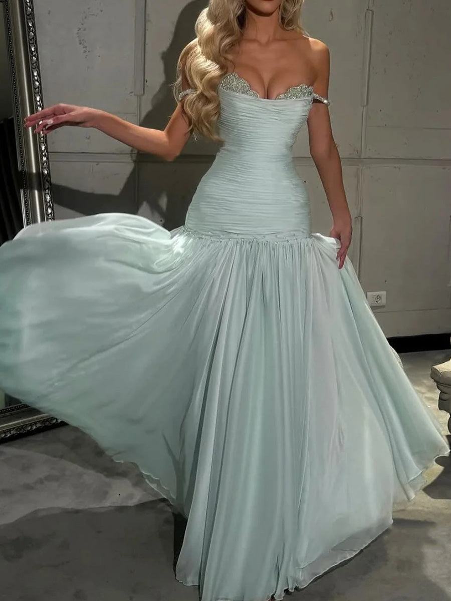 A-line Sweetheart Ruffles Floor-Length 30D Chiffon Corset Prom Dress