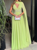 A-line V-neck Ruffles Floor-Length Chiffon Corset Prom Dress