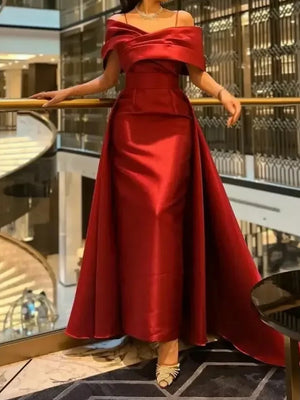 A-line Spaghetti Straps Ruffles Court Train Satin Corset Prom Dress