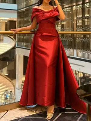 A-line Spaghetti Straps Ruffles Court Train Satin Corset Prom Dress