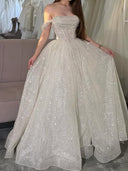 A-line Off-the-Shoulder Sequin Floor-Length Sequins Corset Prom Dress