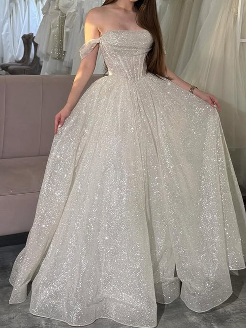 A-line Off-the-Shoulder Sequin Floor-Length Sequins Corset Prom Dress