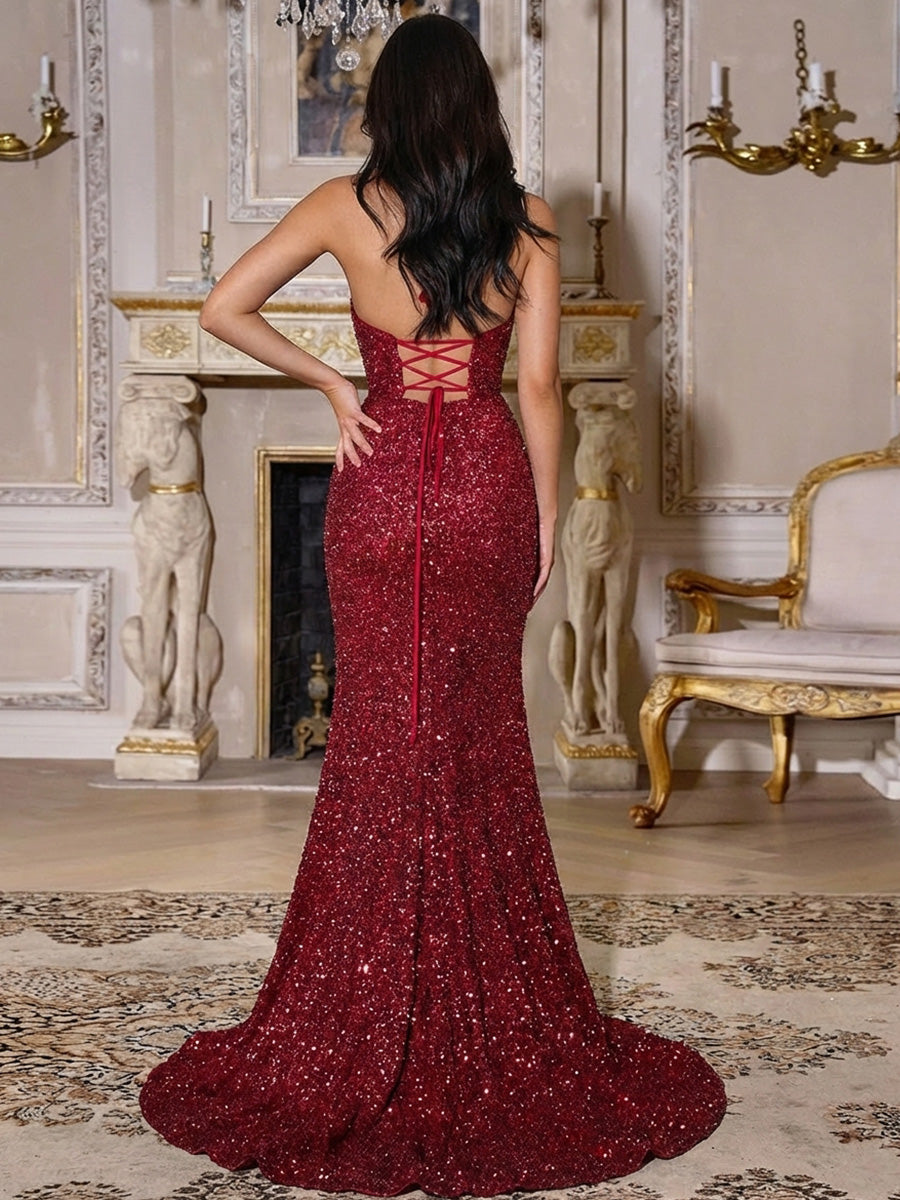 Sheath Halter Sequin Sweep Train Prom Dress