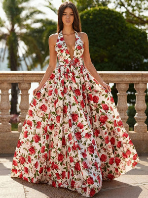 A-line Halter Ruffles Floor-Length Corset Prom Dress