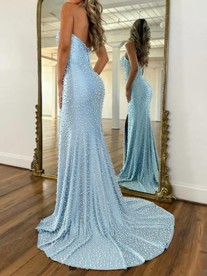 Sheath Halter Sweep Train Corset Prom Dress