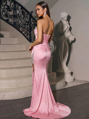 Sheath Scoop Beading Sweep Train Silk Like Satin Corset Prom Dress