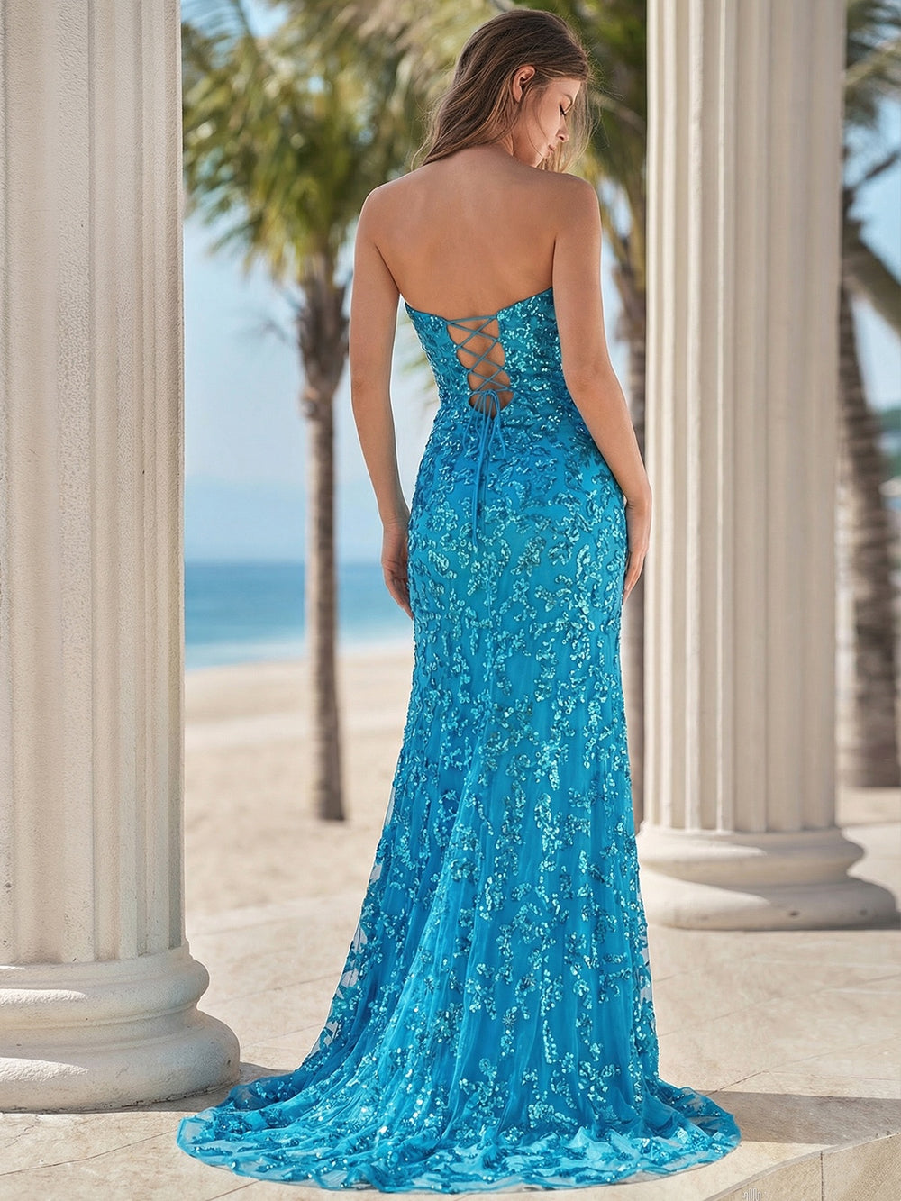 Sheath Sweetheart Beading Sweep Train Tulle Corset Prom Dress