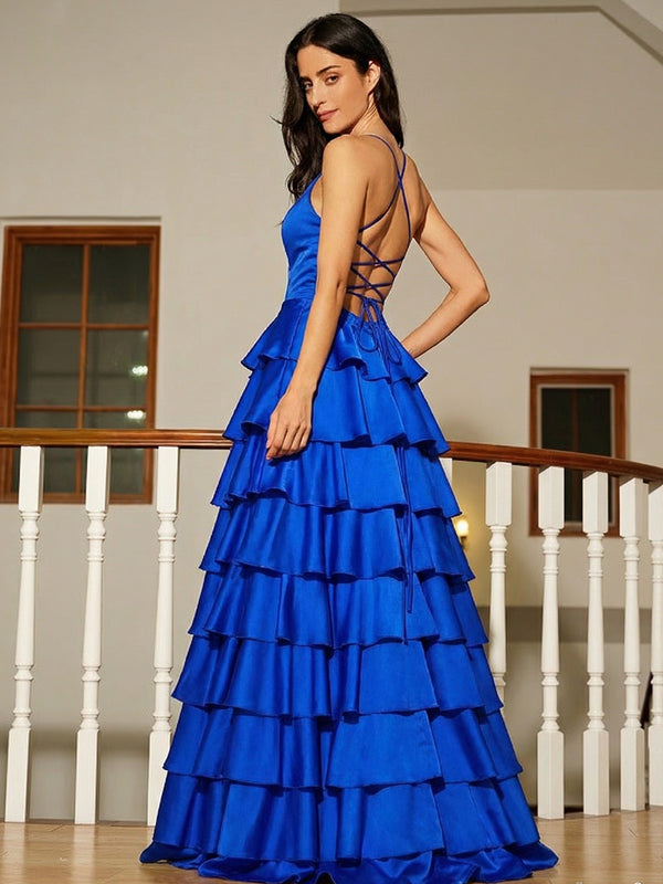 A-line Spaghetti Straps Cascading Ruffles Floor-Length Silk Like Satin Corset Prom Dress