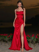 Sheath Spaghetti Straps Sweep Train Silk Like Satin Corset Prom Dress