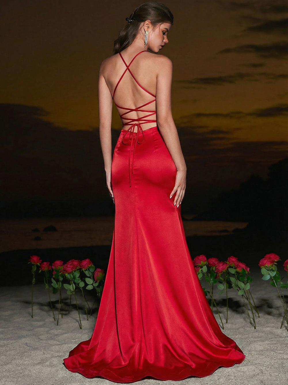 Sheath Spaghetti Straps Sweep Train Silk Like Satin Corset Prom Dress