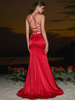 Sheath Spaghetti Straps Sweep Train Silk Like Satin Corset Prom Dress