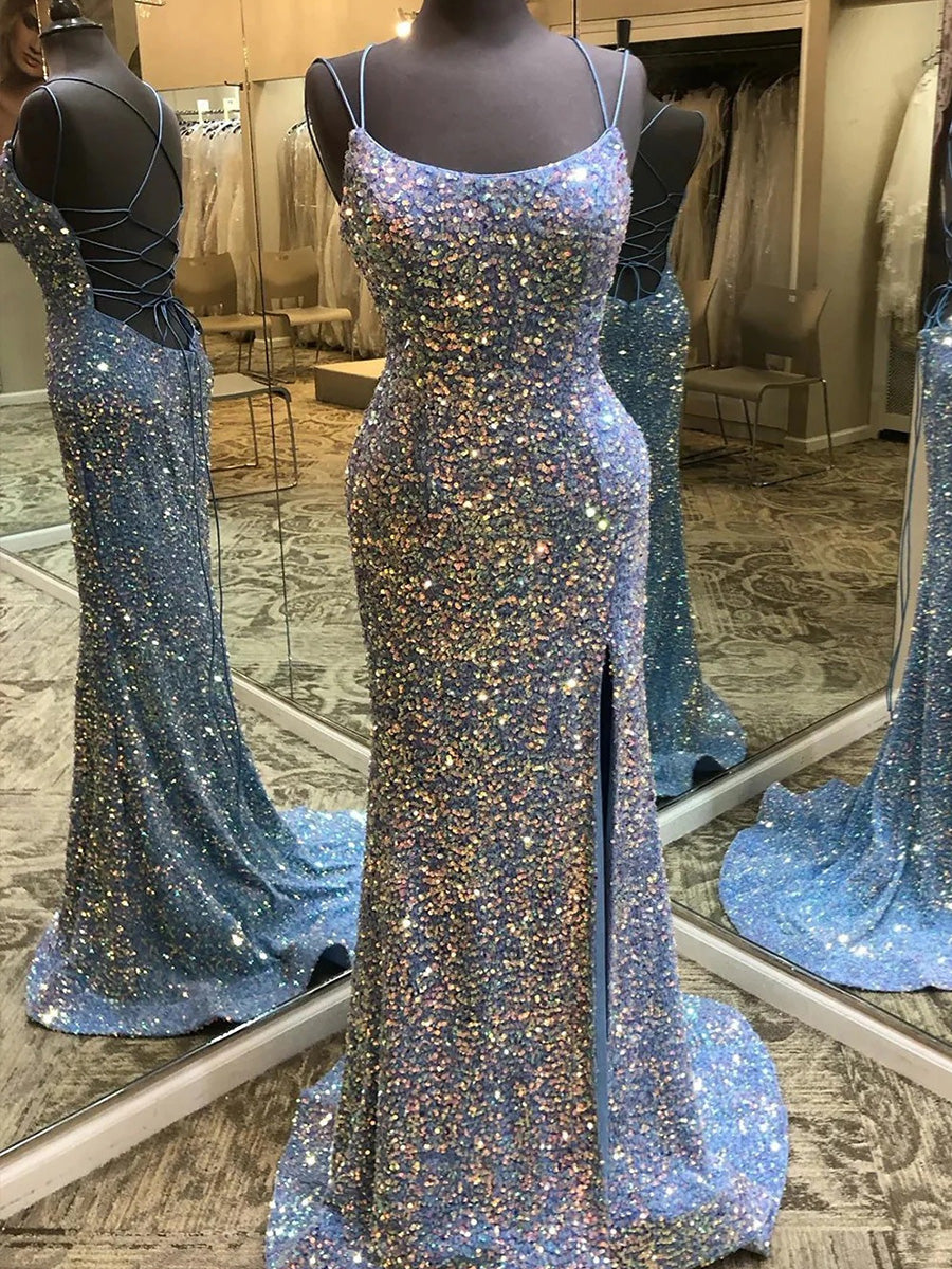 Sheath Spaghetti Straps Sweep Train Velvet Sequins Prom Dress
