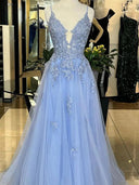 A-line Spaghetti Straps Appliques Lace Sweep Train Tulle Prom Dress