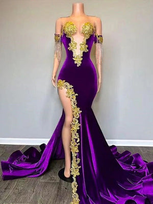 Mermaid Illusion Appliques Lace Sweep Train Velvet Prom Dress