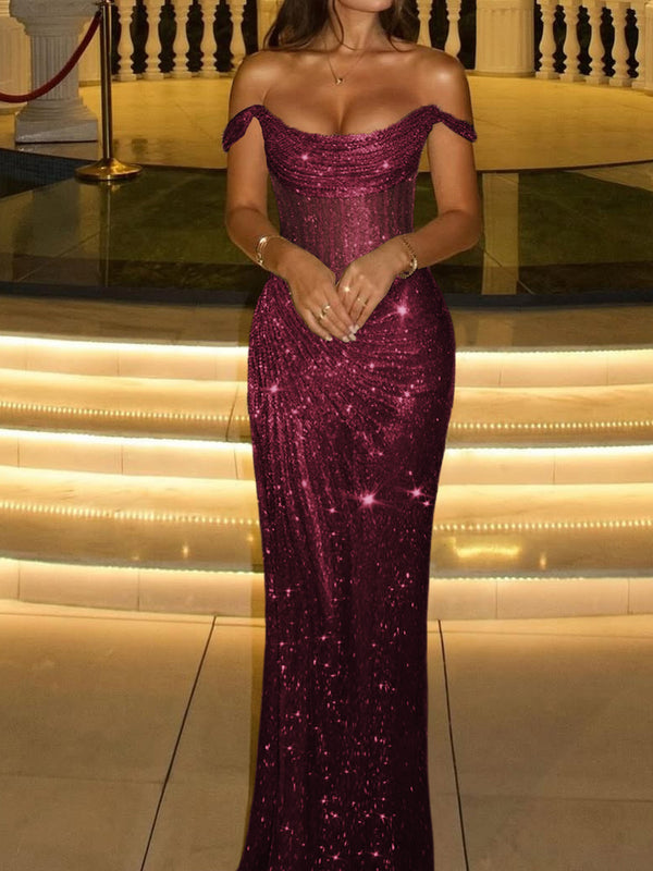 Sheath Off-the-Shoulder Pleated Floor-Length Corset Prom Dress