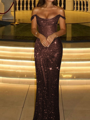 Sheath Off-the-Shoulder Pleated Floor-Length Corset Prom Dress
