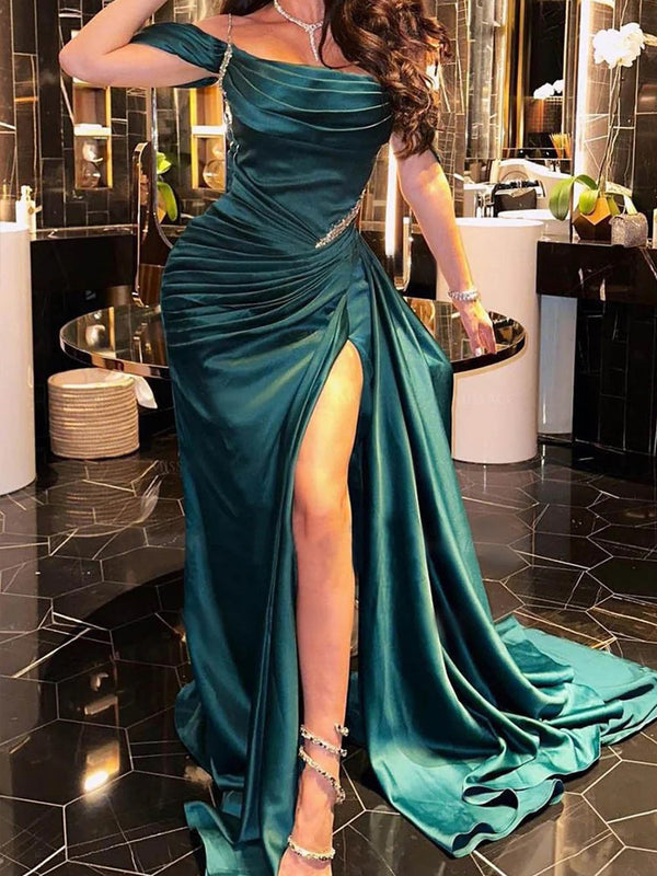 Sheath Cold Shoulder Pleated Sweep Train Silk Like Satin Corset Prom Dress