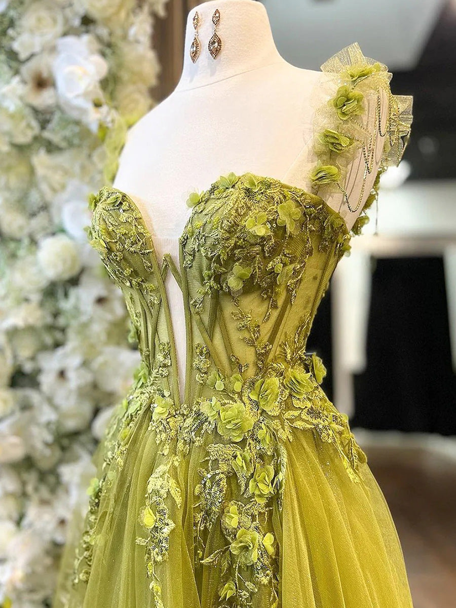 A-line Straps Appliques Lace Floor-Length Tulle Corset Prom Dress