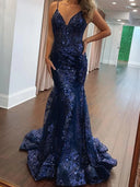 Mermaid Spaghetti Straps Sweep Train Tulle Corset Prom Dress