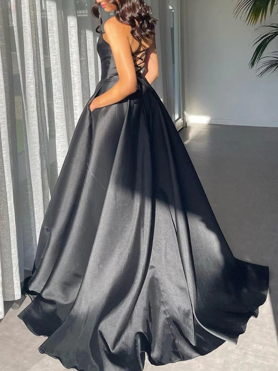 A-line V-neck Ruffles Sweep Train Satin Corset Prom Dress
