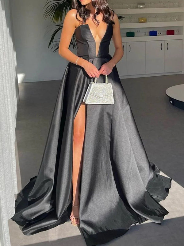 A-line V-neck Ruffles Sweep Train Satin Corset Prom Dress