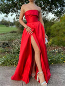 A-line Straight Ruffles Floor-Length Satin Corset Prom Dress