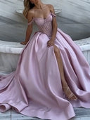 A-line Off-the-Shoulder Ruffles Chapel Train Satin Prom Dress
