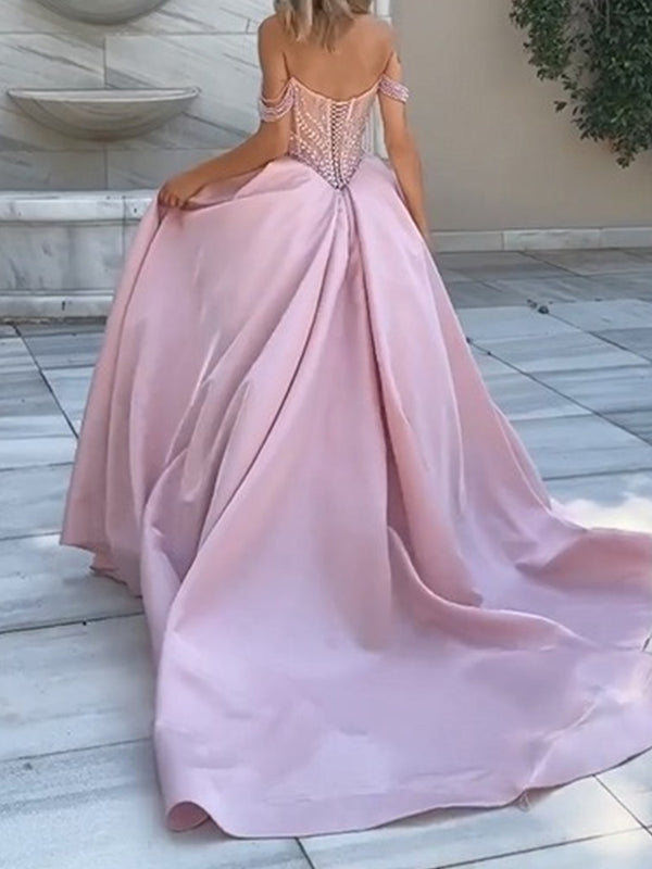 A-line Off-the-Shoulder Ruffles Chapel Train Satin Prom Dress