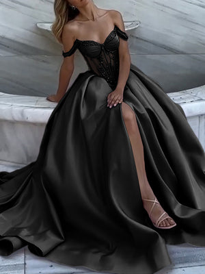 A-line Off-the-Shoulder Ruffles Chapel Train Satin Prom Dress