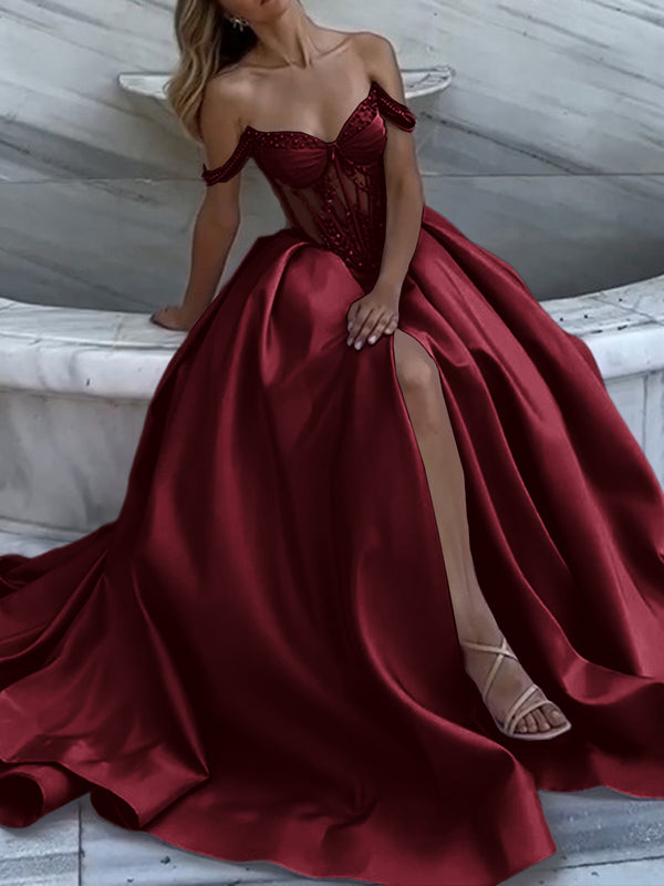 A-line Off-the-Shoulder Ruffles Chapel Train Satin Prom Dress