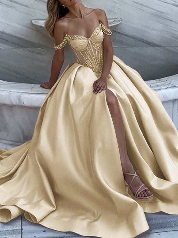 A-line Off-the-Shoulder Ruffles Chapel Train Satin Prom Dress