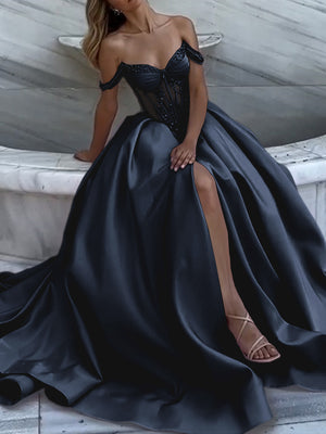 A-line Off-the-Shoulder Ruffles Chapel Train Satin Prom Dress