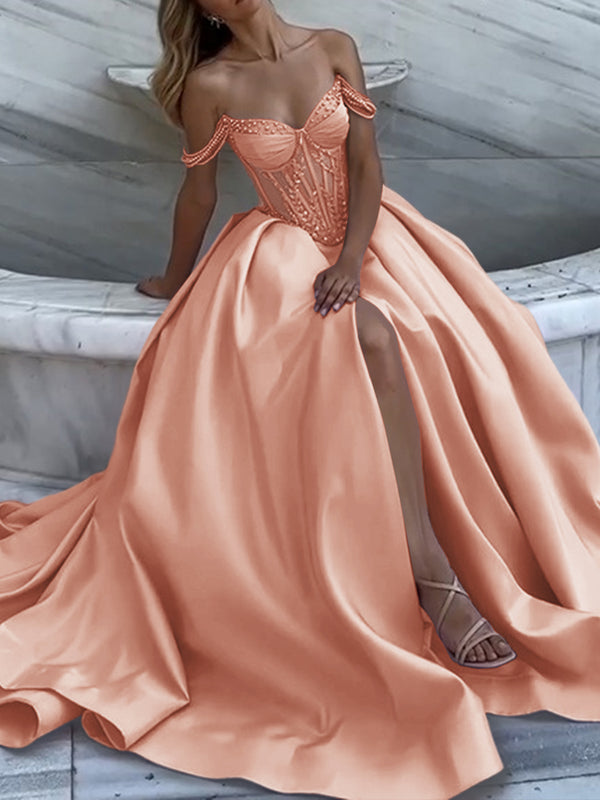 A-line Off-the-Shoulder Ruffles Chapel Train Satin Prom Dress