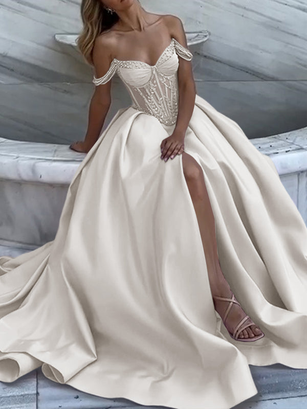 A-line Off-the-Shoulder Ruffles Chapel Train Satin Prom Dress