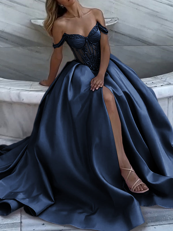 A-line Off-the-Shoulder Ruffles Chapel Train Satin Prom Dress