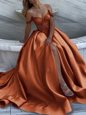 A-line Off-the-Shoulder Ruffles Chapel Train Satin Prom Dress