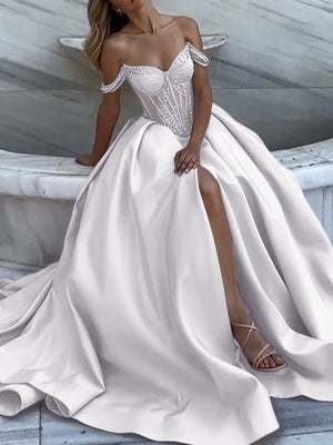 A-line Off-the-Shoulder Ruffles Chapel Train Satin Prom Dress