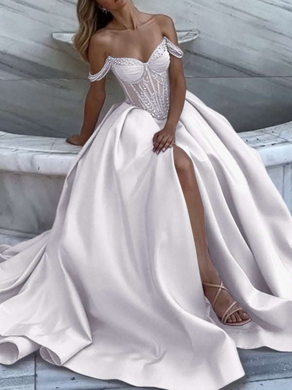 A-line Off-the-Shoulder Ruffles Chapel Train Satin Prom Dress