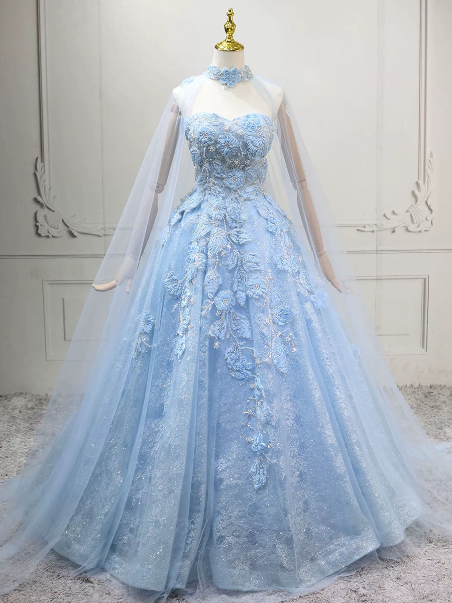 A-line Sweetheart Appliques Lace Sweep Train Tulle Corset Prom Dress