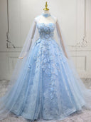 A-line Sweetheart Appliques Lace Sweep Train Tulle Corset Prom Dress