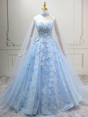 A-line Sweetheart Appliques Lace Sweep Train Tulle Corset Prom Dress