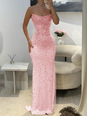 Sheath Straight Rhinestone Tulle Prom Dress